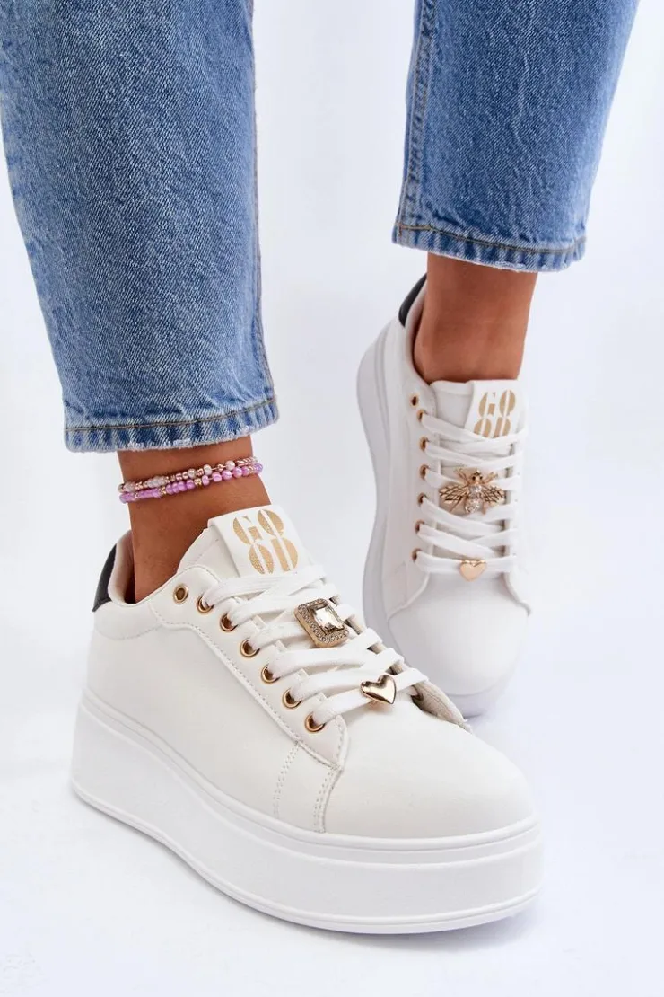 New Boto Sneakersy Damskie Na Platformie Z Ozdobami Białe Herbisa