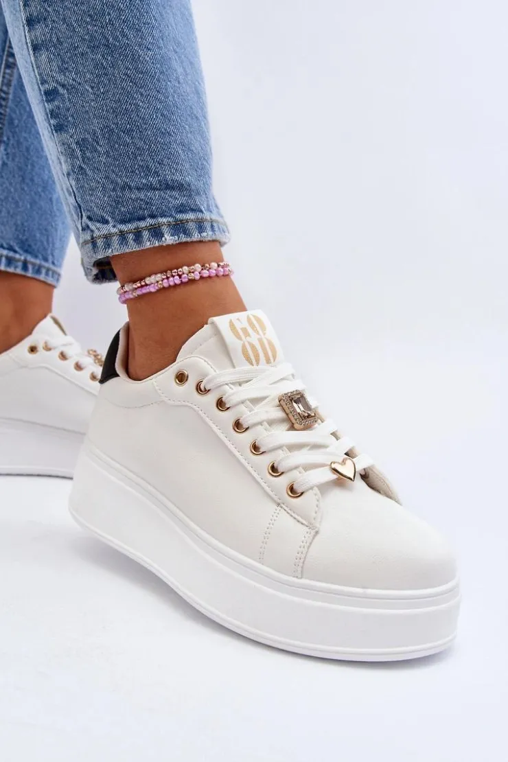 New Boto Sneakersy Damskie Na Platformie Z Ozdobami Białe Herbisa