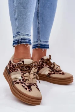 Sale Boto Sneakersy Damskie Na Platformie Z Podwójnym Sznurowaniem Panterka Beżowe Niteria Beżowy
