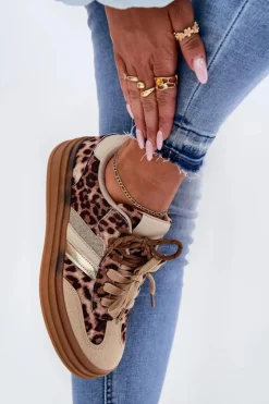 Sale Boto Sneakersy Damskie Na Platformie Z Podwójnym Sznurowaniem Panterka Beżowe Niteria Beżowy