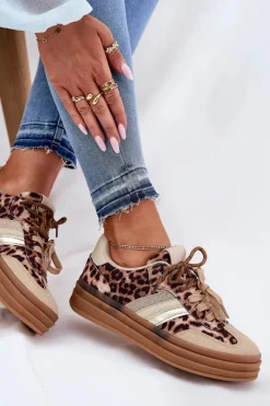 Sale Boto Sneakersy Damskie Na Platformie Z Podwójnym Sznurowaniem Panterka Beżowe Niteria Beżowy