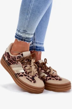 Sale Boto Sneakersy Damskie Na Platformie Z Podwójnym Sznurowaniem Panterka Beżowe Niteria Beżowy