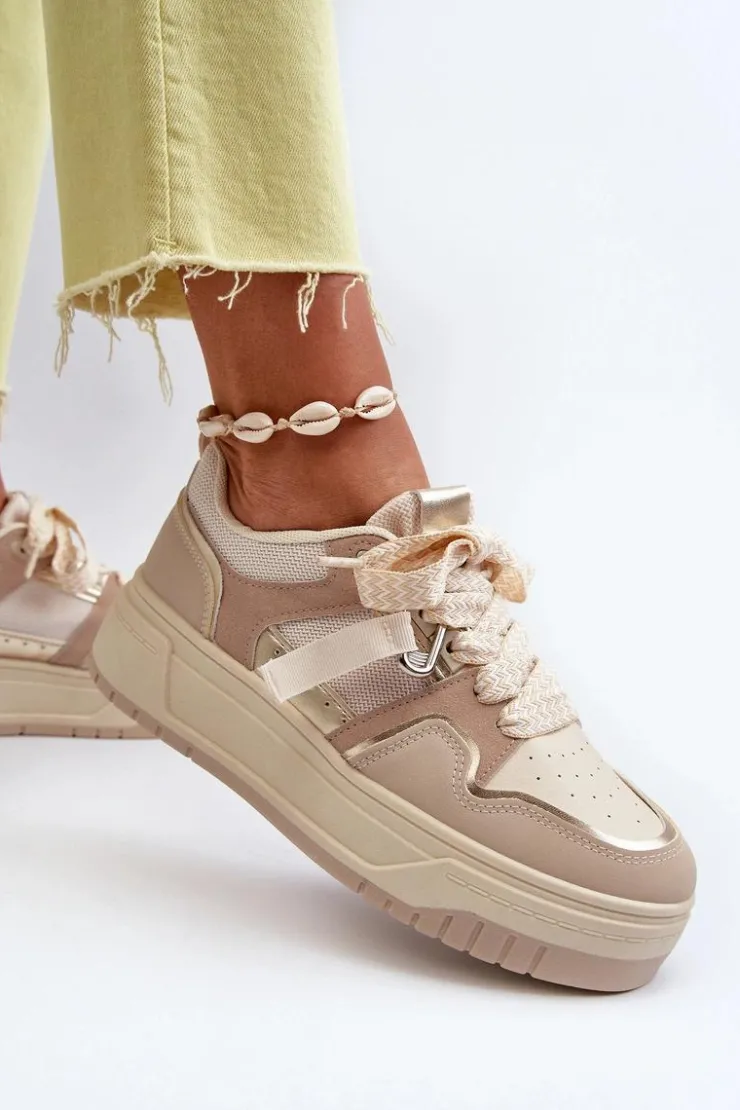 Sale Boto Sneakersy Damskie Na Platformie Z Eko Skóry Beżowe Moun Beżowy