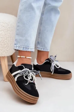 Clearance Boto Sneakersy Damskie Na Platformie Z Ozdobami Czarne Vinness Czarny