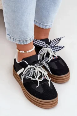 Clearance Boto Sneakersy Damskie Na Platformie Z Ozdobami Czarne Vinness Czarny