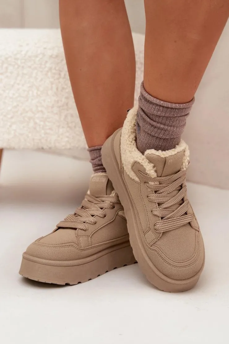 Outlet Big Star Shoes Sneakersy Damskie Na Platformie Z Futerkiem Typu Baranek Big Star SS274105 Beżowe