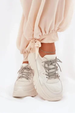 Boto Sneakersy Damskie*Sneakersy Damskie Na Platformie Ozdobnym Sznurowaniem Beżowe Evalianne Beżowy