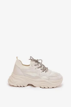 Boto Sneakersy Damskie*Sneakersy Damskie Na Platformie Ozdobnym Sznurowaniem Beżowe Evalianne Beżowy