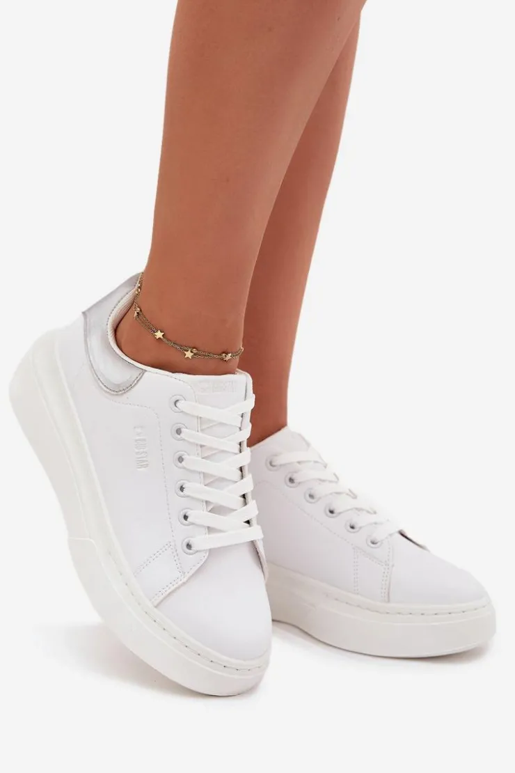 New Big Star Shoes Sneakersy Damskie Na Platformie Big Star SS274245 Biało-Srebrne Biały