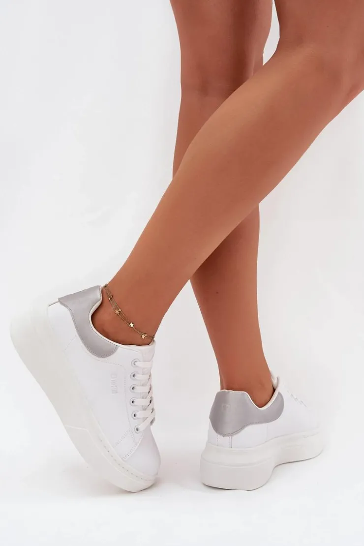 New Big Star Shoes Sneakersy Damskie Na Platformie Big Star SS274245 Biało-Srebrne Biały