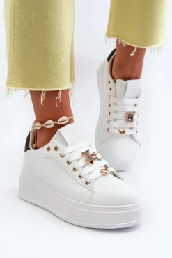 Clearance Boto Sneakersy Damskie Na Platformie Z Przypinkami Eko Skóra Białe Cavisa