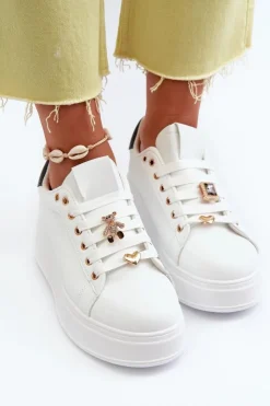 Clearance Boto Sneakersy Damskie Na Platformie Z Przypinkami Eko Skóra Białe Cavisa