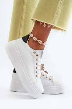 Clearance Boto Sneakersy Damskie Na Platformie Z Przypinkami Eko Skóra Białe Cavisa