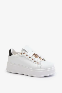 Clearance Boto Sneakersy Damskie Na Platformie Z Przypinkami Eko Skóra Białe Cavisa