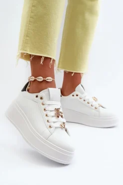 Clearance Boto Sneakersy Damskie Na Platformie Z Przypinkami Eko Skóra Białe Cavisa