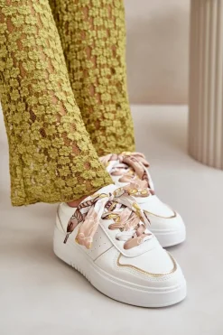 Sale Boto Sneakersy Damskie Na Platformie Z Ozdobnym Sznurowaniem Białe Mistra Biały