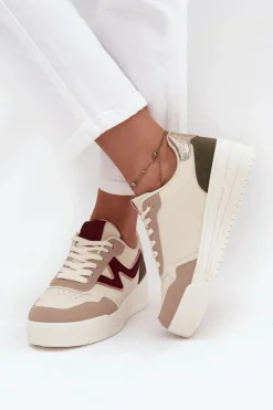 Damskie Boto Sneakersy Damskie Na Platformie Ze Złotymi Wstawkami Beżowe Zalvra