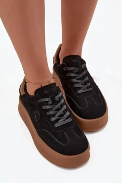 Outlet Big Star Shoes Sneakersy Damskie Na Platformie Big Star SS274761 Czarne Czarny