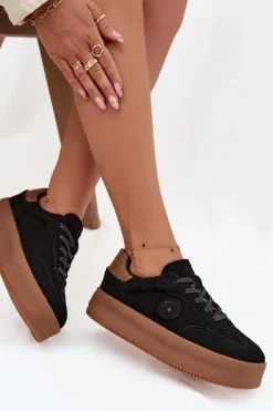 Outlet Big Star Shoes Sneakersy Damskie Na Platformie Big Star SS274761 Czarne Czarny