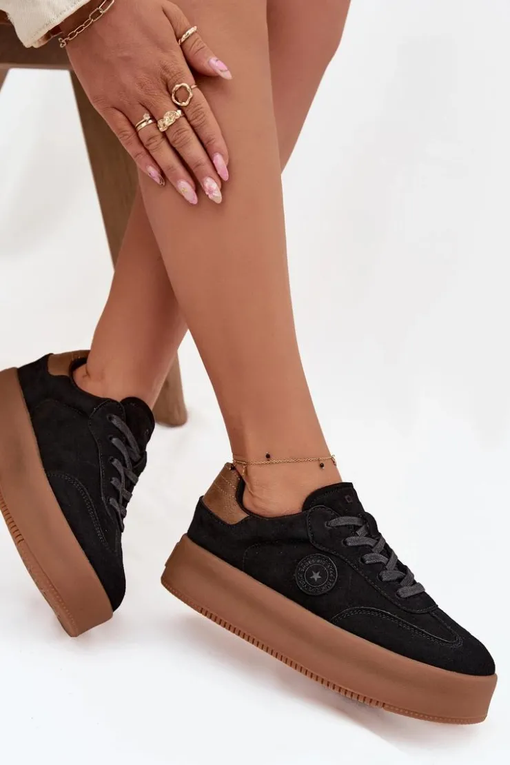 Outlet Big Star Shoes Sneakersy Damskie Na Platformie Big Star SS274761 Czarne Czarny