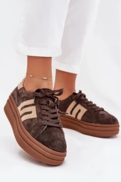 Damskie Boto Sneakersy Damskie Na Platformie Z Naturalnego Zamszu Czekoladowe Eldira