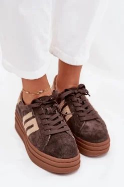 Damskie Boto Sneakersy Damskie Na Platformie Z Naturalnego Zamszu Czekoladowe Eldira