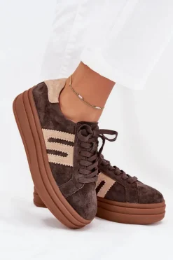 Damskie Boto Sneakersy Damskie Na Platformie Z Naturalnego Zamszu Czekoladowe Eldira