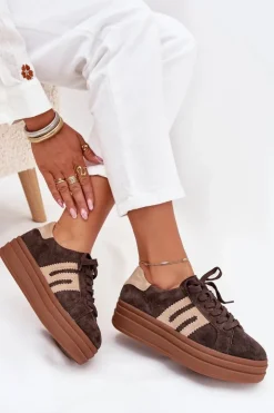 Damskie Boto Sneakersy Damskie Na Platformie Z Naturalnego Zamszu Czekoladowe Eldira