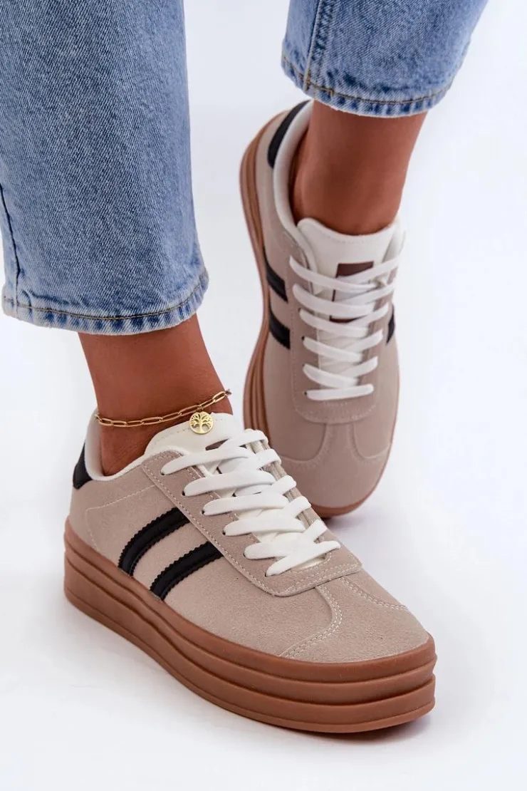Damskie Boto Sneakersy Damskie Na Platformie Beżowo-Czarne Egelia