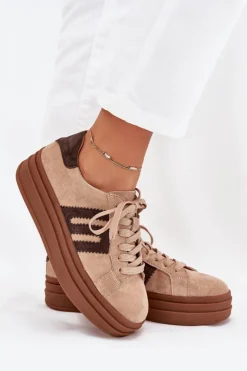 Boto Sneakersy Damskie*Sneakersy Damskie Na Platformie Z Naturalnego Zamszu Beżowe Eldira
