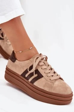Boto Sneakersy Damskie*Sneakersy Damskie Na Platformie Z Naturalnego Zamszu Beżowe Eldira
