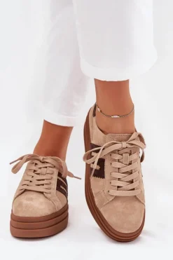 Boto Sneakersy Damskie*Sneakersy Damskie Na Platformie Z Naturalnego Zamszu Beżowe Eldira