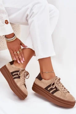 Boto Sneakersy Damskie*Sneakersy Damskie Na Platformie Z Naturalnego Zamszu Beżowe Eldira
