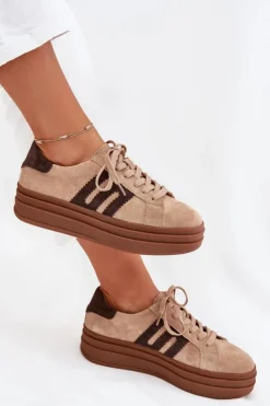 Boto Sneakersy Damskie*Sneakersy Damskie Na Platformie Z Naturalnego Zamszu Beżowe Eldira