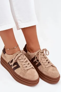 Boto Sneakersy Damskie*Sneakersy Damskie Na Platformie Z Naturalnego Zamszu Beżowe Eldira
