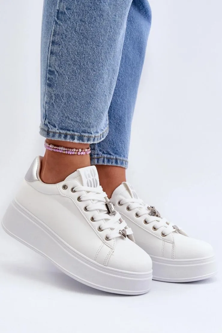 Damskie Boto Sneakersy Damskie Na Platformie Z Ozdobami Białe Herbisa
