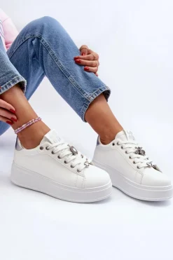 Damskie Boto Sneakersy Damskie Na Platformie Z Ozdobami Białe Herbisa