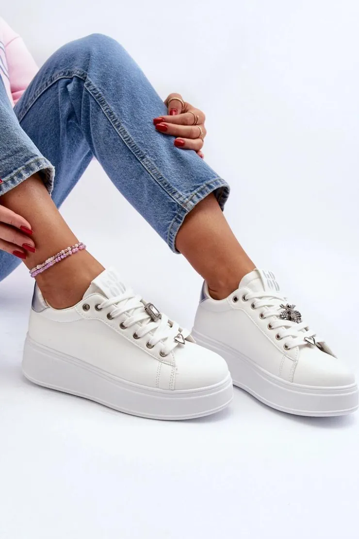 Damskie Boto Sneakersy Damskie Na Platformie Z Ozdobami Białe Herbisa