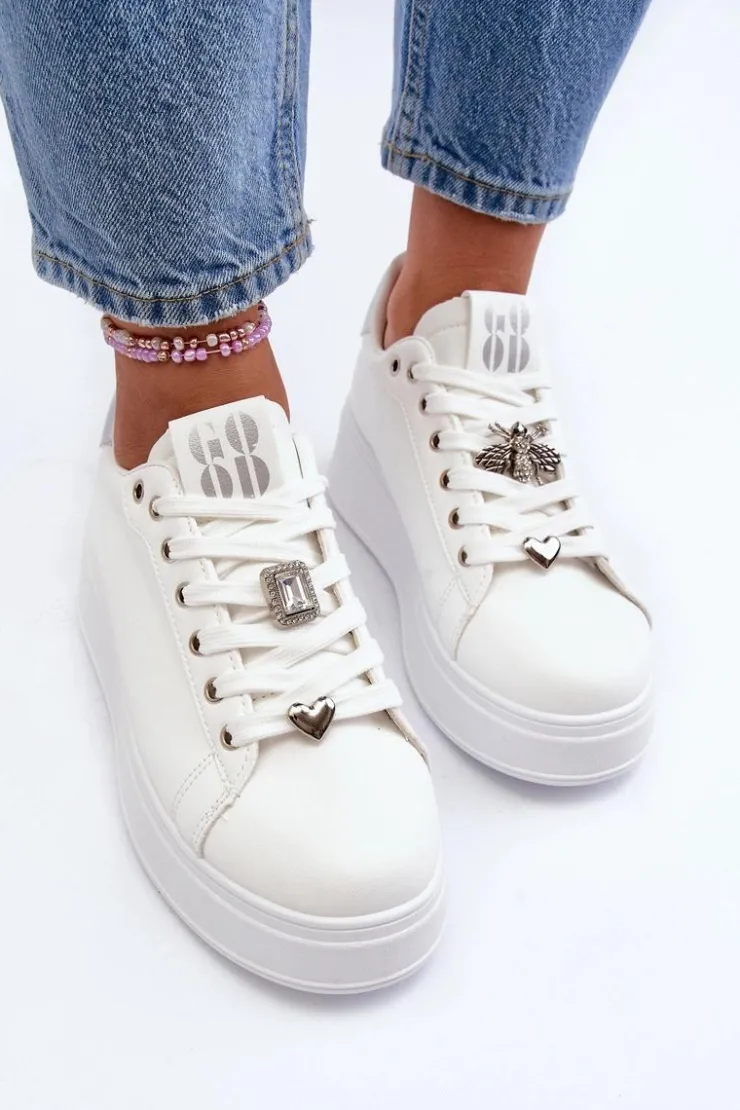 Damskie Boto Sneakersy Damskie Na Platformie Z Ozdobami Białe Herbisa