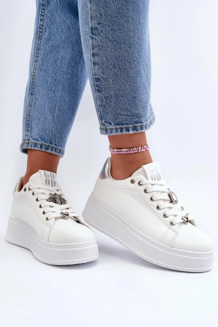 Damskie Boto Sneakersy Damskie Na Platformie Z Ozdobami Białe Herbisa