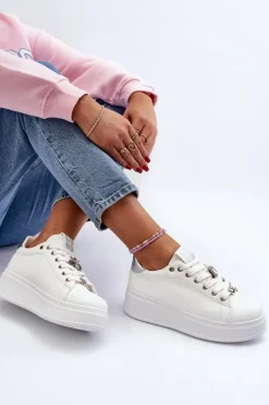 Damskie Boto Sneakersy Damskie Na Platformie Z Ozdobami Białe Herbisa