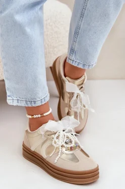 Boto Buty Sportowe Na Platformie|Sneakersy Damskie*Sneakersy Damskie Na Platformie Z Ozdobami Beżowo-Złote Vinness