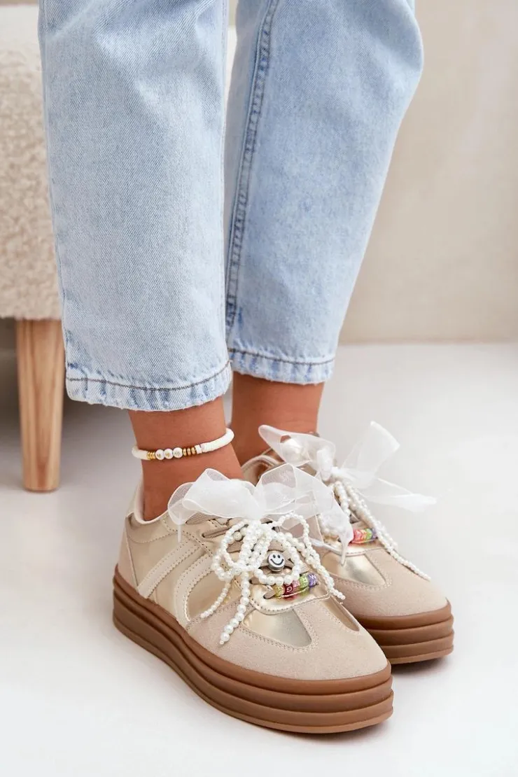 Boto Buty Sportowe Na Platformie|Sneakersy Damskie*Sneakersy Damskie Na Platformie Z Ozdobami Beżowo-Złote Vinness