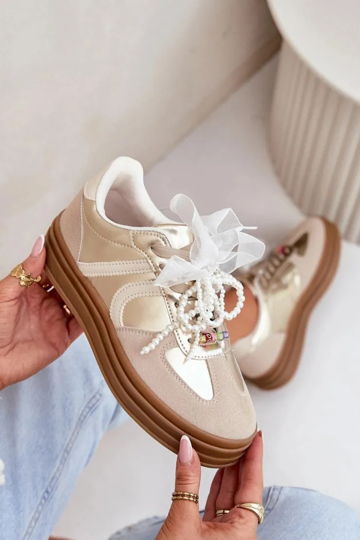 Boto Buty Sportowe Na Platformie|Sneakersy Damskie*Sneakersy Damskie Na Platformie Z Ozdobami Beżowo-Złote Vinness