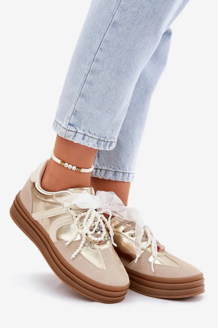 Boto Buty Sportowe Na Platformie|Sneakersy Damskie*Sneakersy Damskie Na Platformie Z Ozdobami Beżowo-Złote Vinness