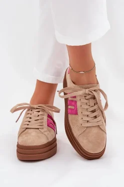 Boto Sneakersy Damskie*Sneakersy Damskie Na Platformie Z Naturalnego Zamszu Beżowo-Różowe Eldira
