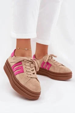Boto Sneakersy Damskie*Sneakersy Damskie Na Platformie Z Naturalnego Zamszu Beżowo-Różowe Eldira