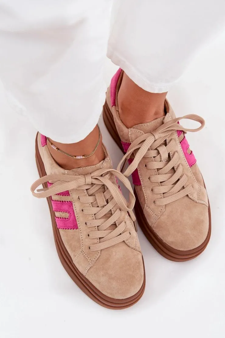 Boto Sneakersy Damskie*Sneakersy Damskie Na Platformie Z Naturalnego Zamszu Beżowo-Różowe Eldira