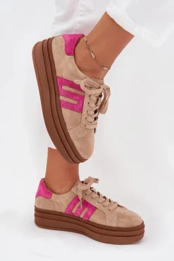Boto Sneakersy Damskie*Sneakersy Damskie Na Platformie Z Naturalnego Zamszu Beżowo-Różowe Eldira