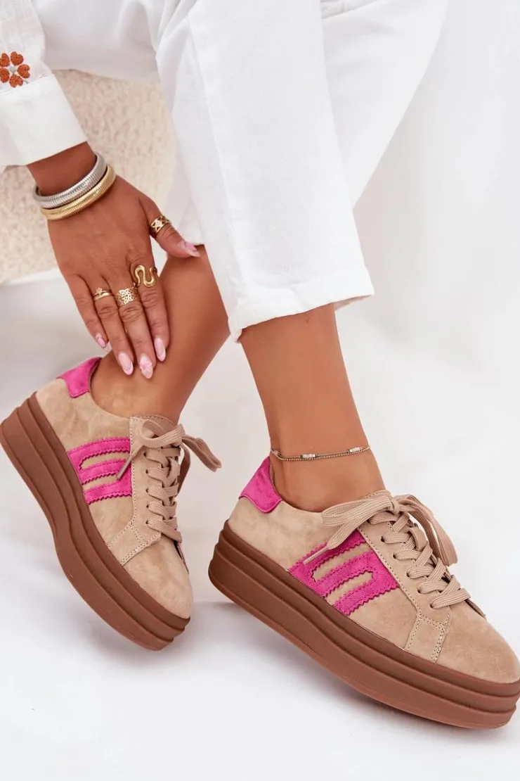 Boto Sneakersy Damskie*Sneakersy Damskie Na Platformie Z Naturalnego Zamszu Beżowo-Różowe Eldira